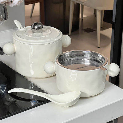 Διπλό χερούλι κεραμικό μπολ με καπάκι από ανοξείδωτο χάλυβα και δυνατότητα μικροκυμάτων 1000 ml