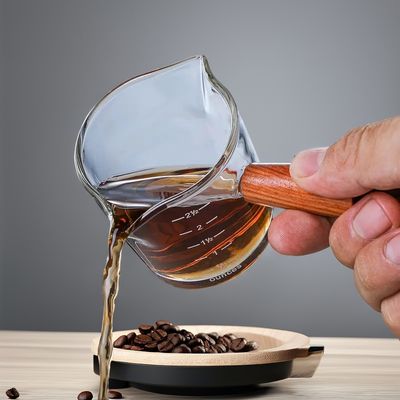 100 ml Borosilicate Glass Coffee Measuring Cup με διπλό βρύσο ξύλινο χερούλι και καπάκι