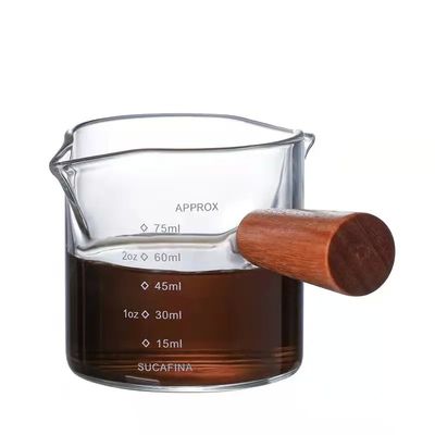 100 ml Borosilicate Glass Coffee Measuring Cup με διπλό βρύσο ξύλινο χερούλι και καπάκι