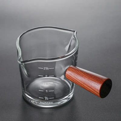 100 ml Borosilicate Glass Coffee Measuring Cup με διπλό βρύσο ξύλινο χερούλι και καπάκι