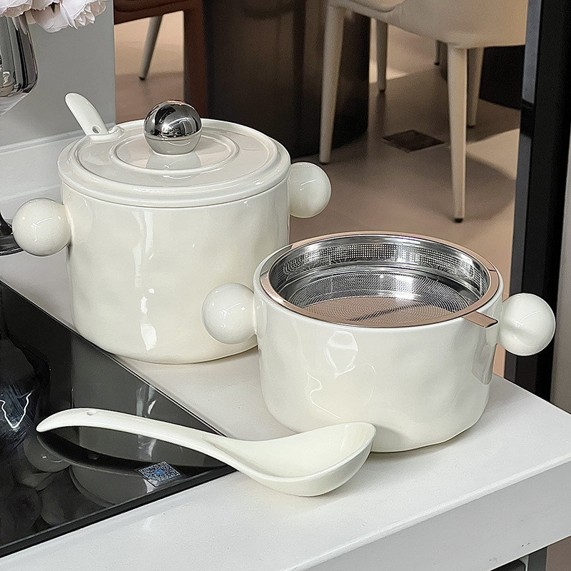 Στυλάτο 1000 ml κεραμικό μπολ με διπλές λαβές και καπάκι από ανοξείδωτο χάλυβα Ιδανικό