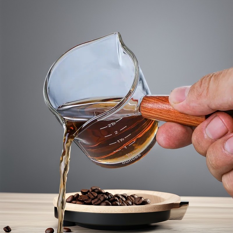 100 ml Borosilicate Glass Coffee Measuring Cup με διπλό βρύσο ξύλινο χερούλι και καπάκι