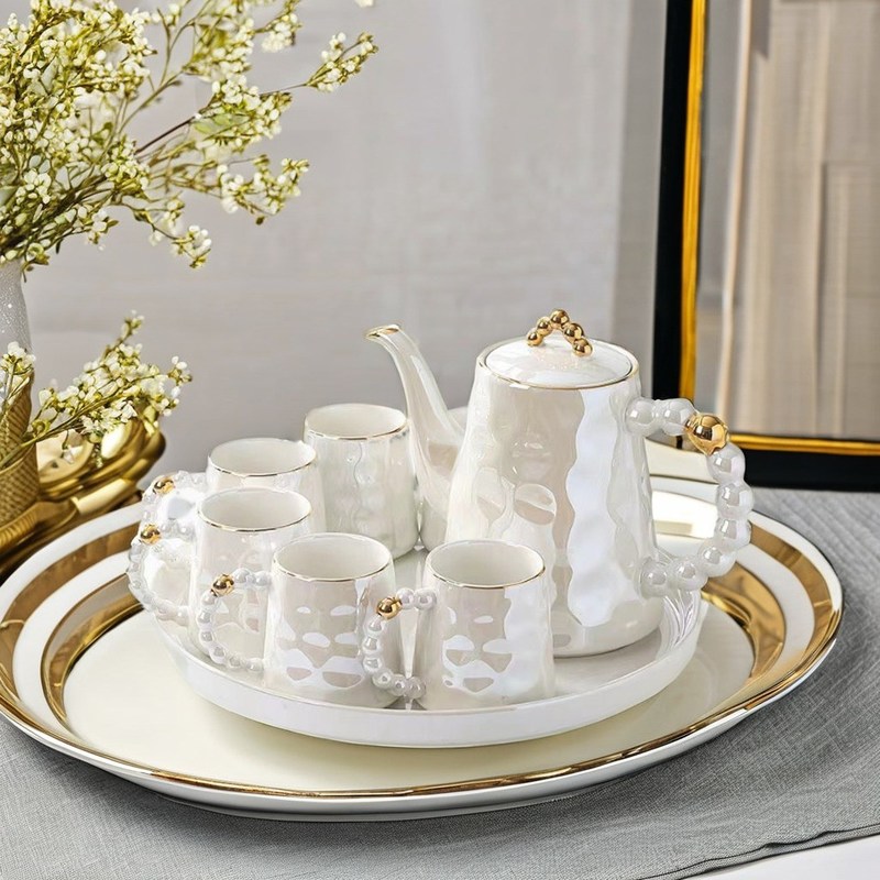 Στυλάτο ροζ μαργαριταρένιο κεραμικό φλιτζάνι καφέ με πιάτο και μπουκάλι τσαγιού από μπαμπού χωρητικότητα 1300ml