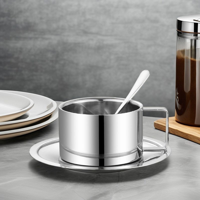 Απολαύστε τον καφέ σας σε πολυτέλεια με αυτό το σετ κεραμικών φλιτζανιών και το δίσκο με κουτάλι από ανοξείδωτο χάλυβα