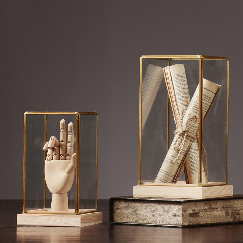 Οικιακή διακόσμηση Κομμάτια πολυτελή σκανδιναβικό γυάλινο οθόνη κουτί με χάλκινο περιθώριο ξύλινη βάση προσαρμοσμένο λογότυπο