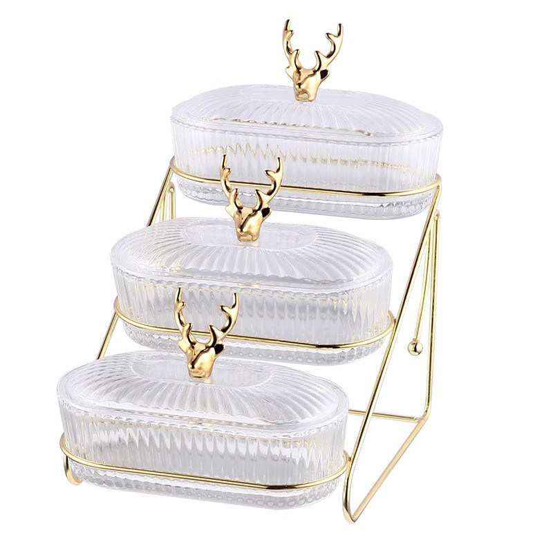 Υψηλό OEM / ODM Cute Deer Τρία στρώματα χρυσού γυάλινου δίσκου για κομψές διακοσμήσεις πάρτι