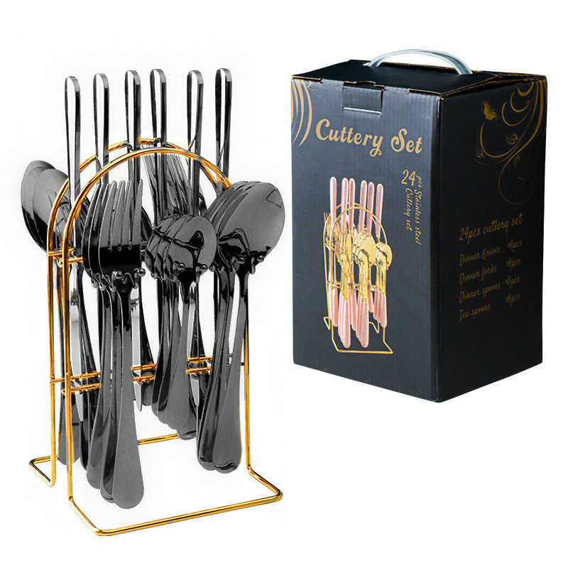 24Pcs Flatware Set από ανοξείδωτο χάλυβα χρυσό ασήμι μαχαίρι κουτάλι πιρούνι μαχαιροπλαστικά για πάρτι